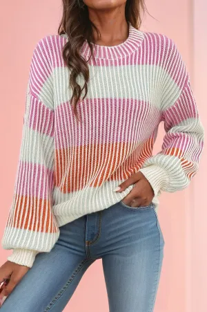 Ryder Colorblock Lantern Sleeve Rib Knitted Sweater - Pink