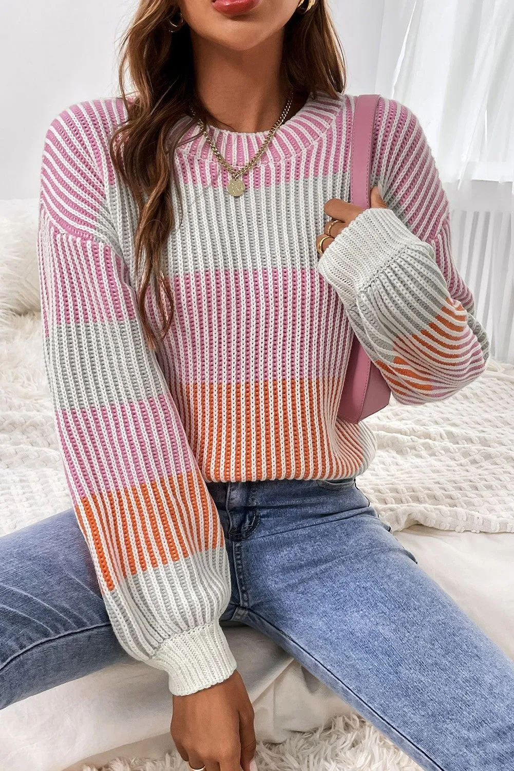 Ryder Colorblock Lantern Sleeve Rib Knitted Sweater - Pink