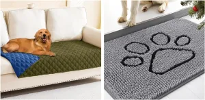 Smiry Waterproof Dog Blanket, Reversible Bed Cover Pet Blanket(30"x70", Green/Navy) and Dog Door Mat for Muddy Paws, Absorbent Dirt Trapper Non-Slip Washable Mat(Grey 30x20)