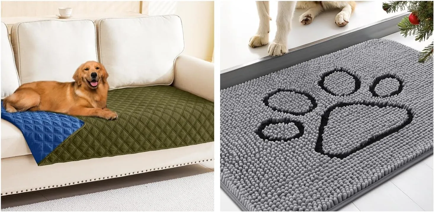 Smiry Waterproof Dog Blanket, Reversible Bed Cover Pet Blanket(30"x70", Green/Navy) and Dog Door Mat for Muddy Paws, Absorbent Dirt Trapper Non-Slip Washable Mat(Grey 30x20)