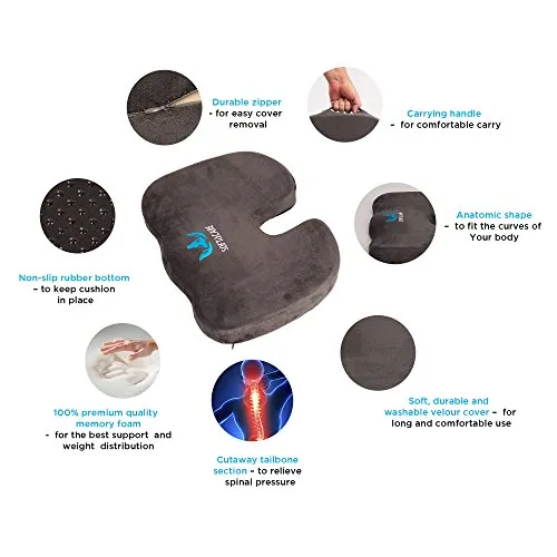 SOFTaCARE Seat Cushion Coccyx Orthopedic Memory Foam and Lumbar Support Pillow, Set of 2, Dark Gray