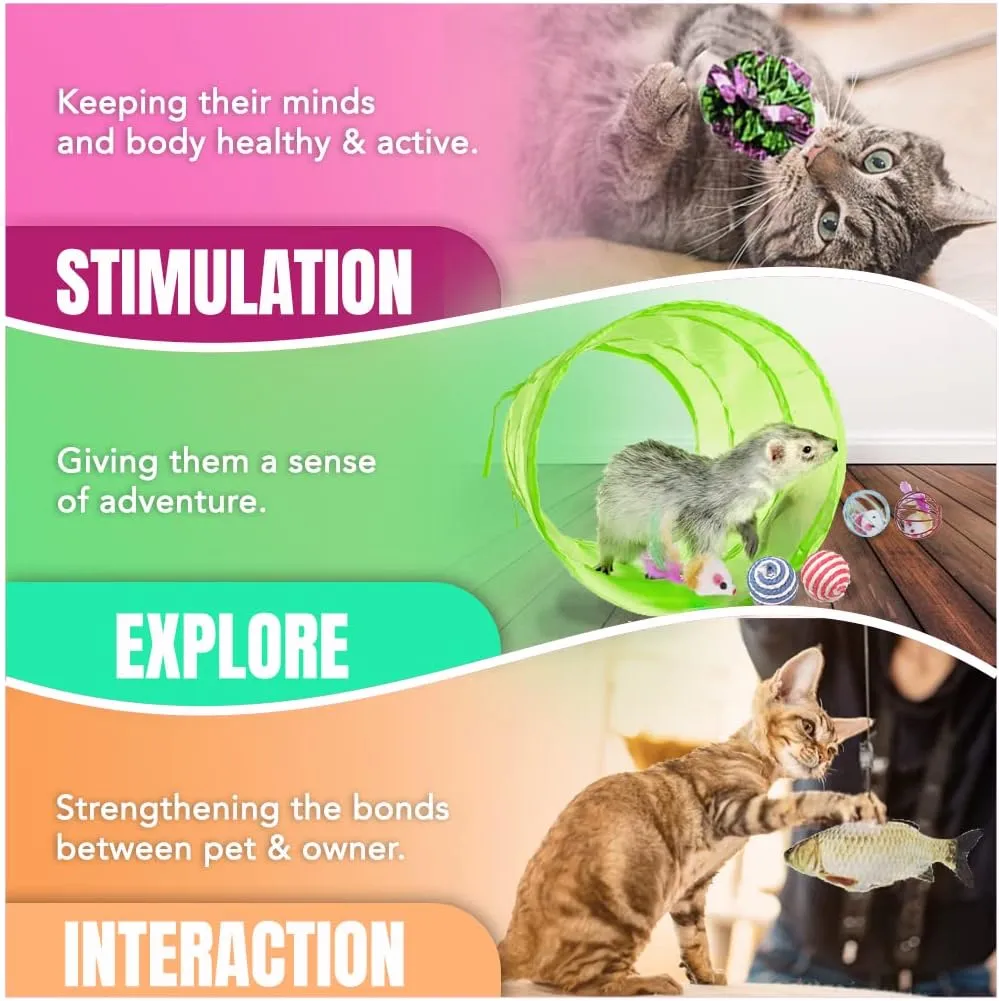 SunGrow Ferret & Cat Tunnel and Assorted Activity Variety Pack, Interactive Kitten & Ferret Accessories, for Indoors, Teaser Wand, Crinkle Balls, Bell Set, etc. (Assorted Toys, 30 Pieces)