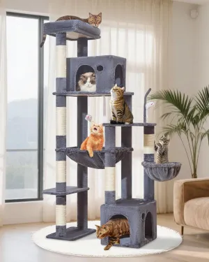 Taoqimiao 71 Inches Cat Tree for Indoor Cats Large Adult, Multi-Level Tall Cat Tower, 2 Cat Condo with 6 Scratching Posts, Super Large Hammcock, Cat Toys, Cozy Basket, Smoky Gray, MS037G