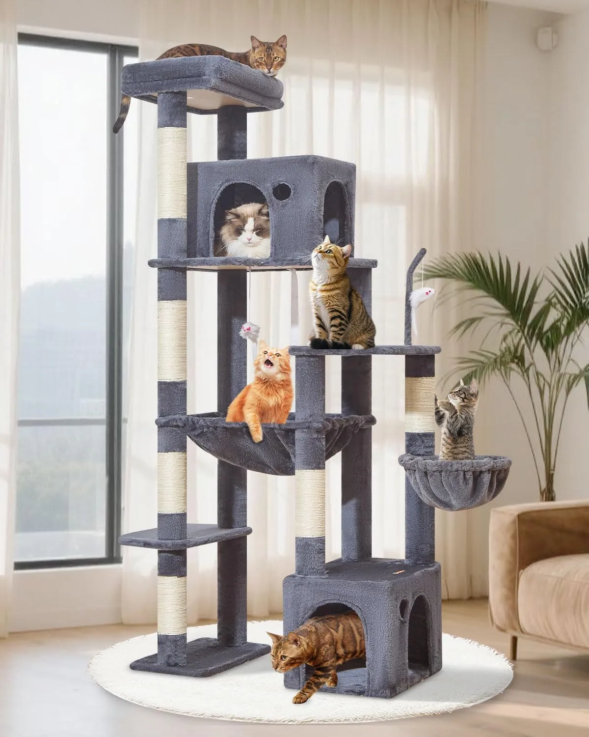 Taoqimiao 71 Inches Cat Tree for Indoor Cats Large Adult, Multi-Level Tall Cat Tower, 2 Cat Condo with 6 Scratching Posts, Super Large Hammcock, Cat Toys, Cozy Basket, Smoky Gray, MS037G