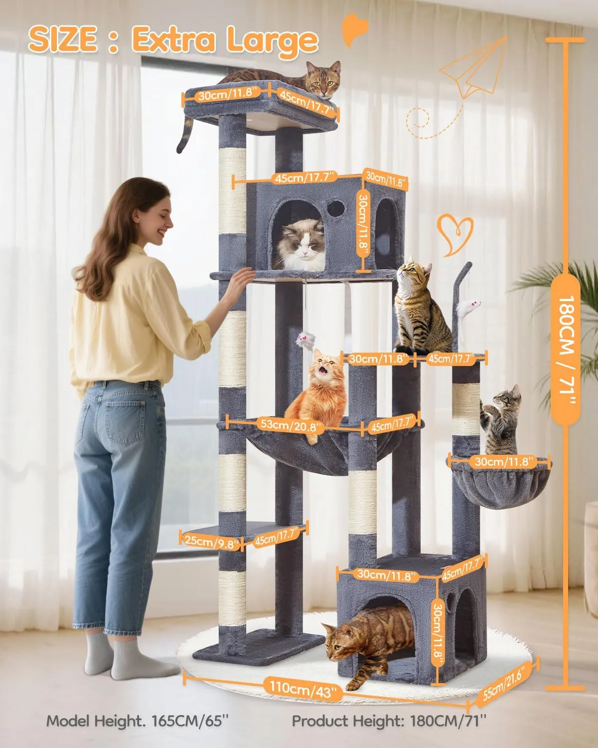 Taoqimiao 71 Inches Cat Tree for Indoor Cats Large Adult, Multi-Level Tall Cat Tower, 2 Cat Condo with 6 Scratching Posts, Super Large Hammcock, Cat Toys, Cozy Basket, Smoky Gray, MS037G