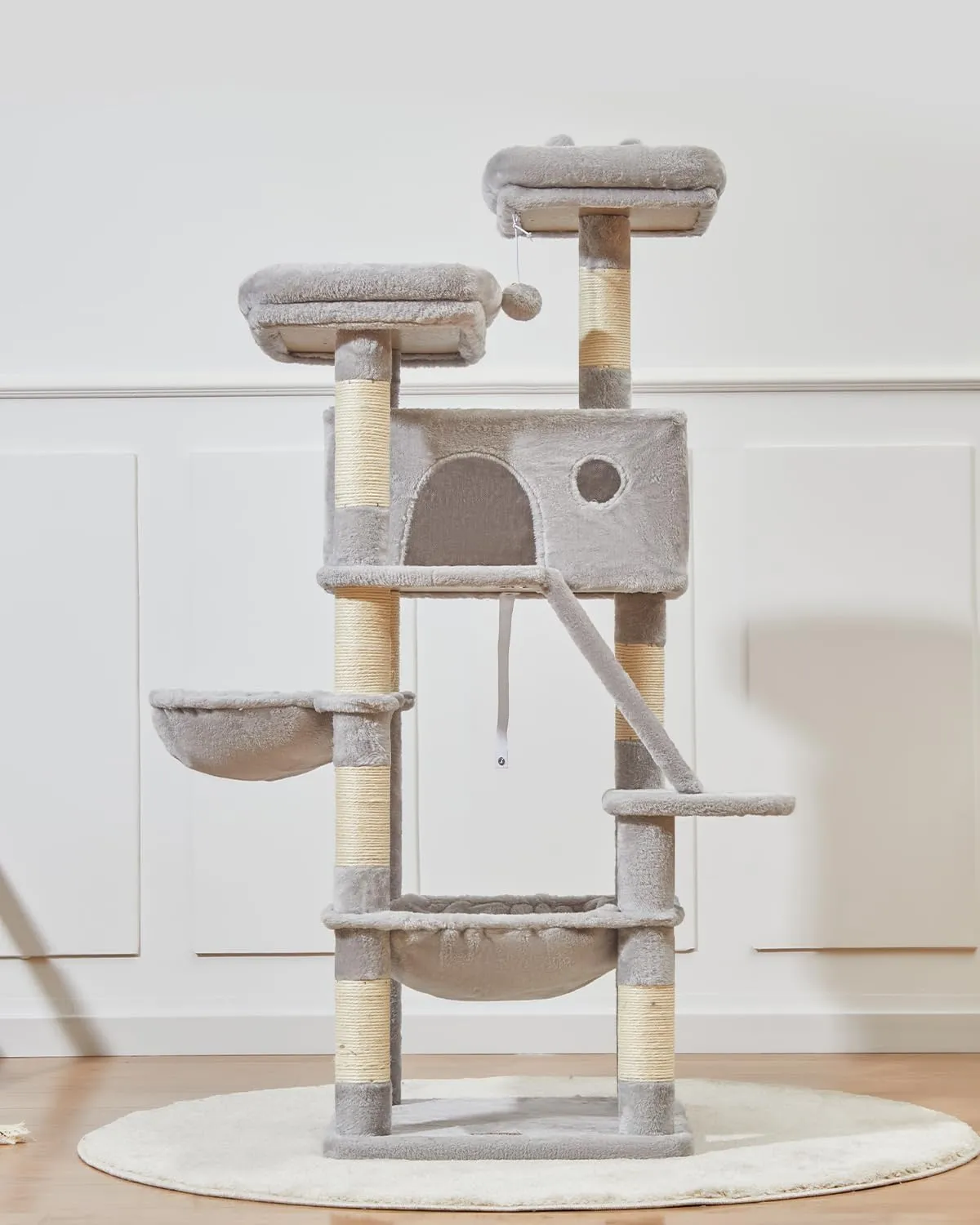 Taoqimiao Cat Tree 57.5-Inch, Cat Tower for Indoor Cats Large Adult, Extra Large Cat Condo, 8 Sisal Scratching Posts, Metal Frame Cozy Hammock, Durable Scratch Board, 2 Top Perches, Light Gray MS026W