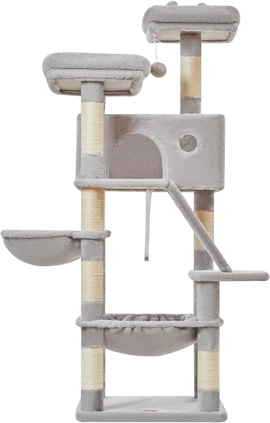 Taoqimiao Cat Tree 57.5-Inch, Cat Tower for Indoor Cats Large Adult, Extra Large Cat Condo, 8 Sisal Scratching Posts, Metal Frame Cozy Hammock, Durable Scratch Board, 2 Top Perches, Light Gray MS026W