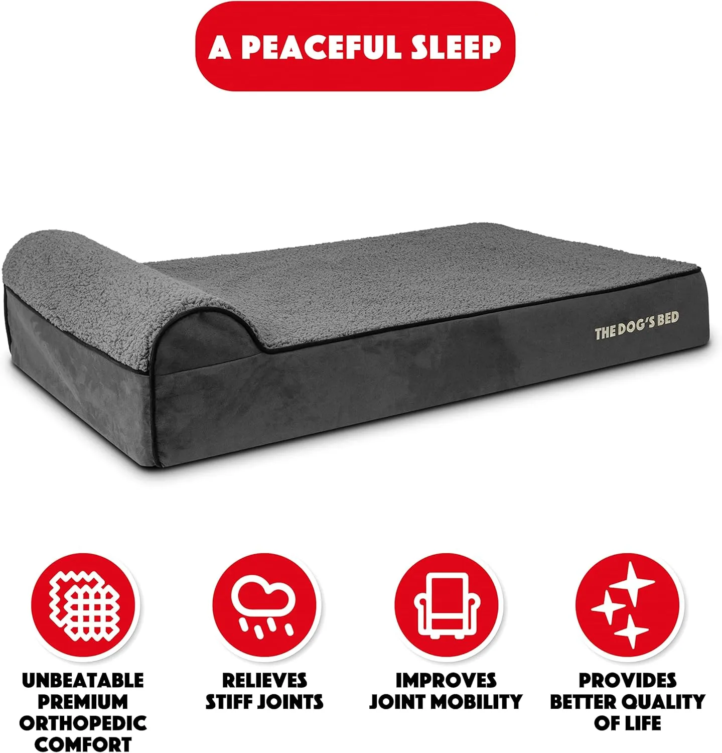 The Dogs Bed Orthopedic Headrest Dog Bed XL Grey Plush 46x28, Memory Foam, Pain Relief for Arthritis, Hip & Elbow Dysplasia, Post Surgery, Lameness, Veterinary Approved, Waterproof Washable Cover