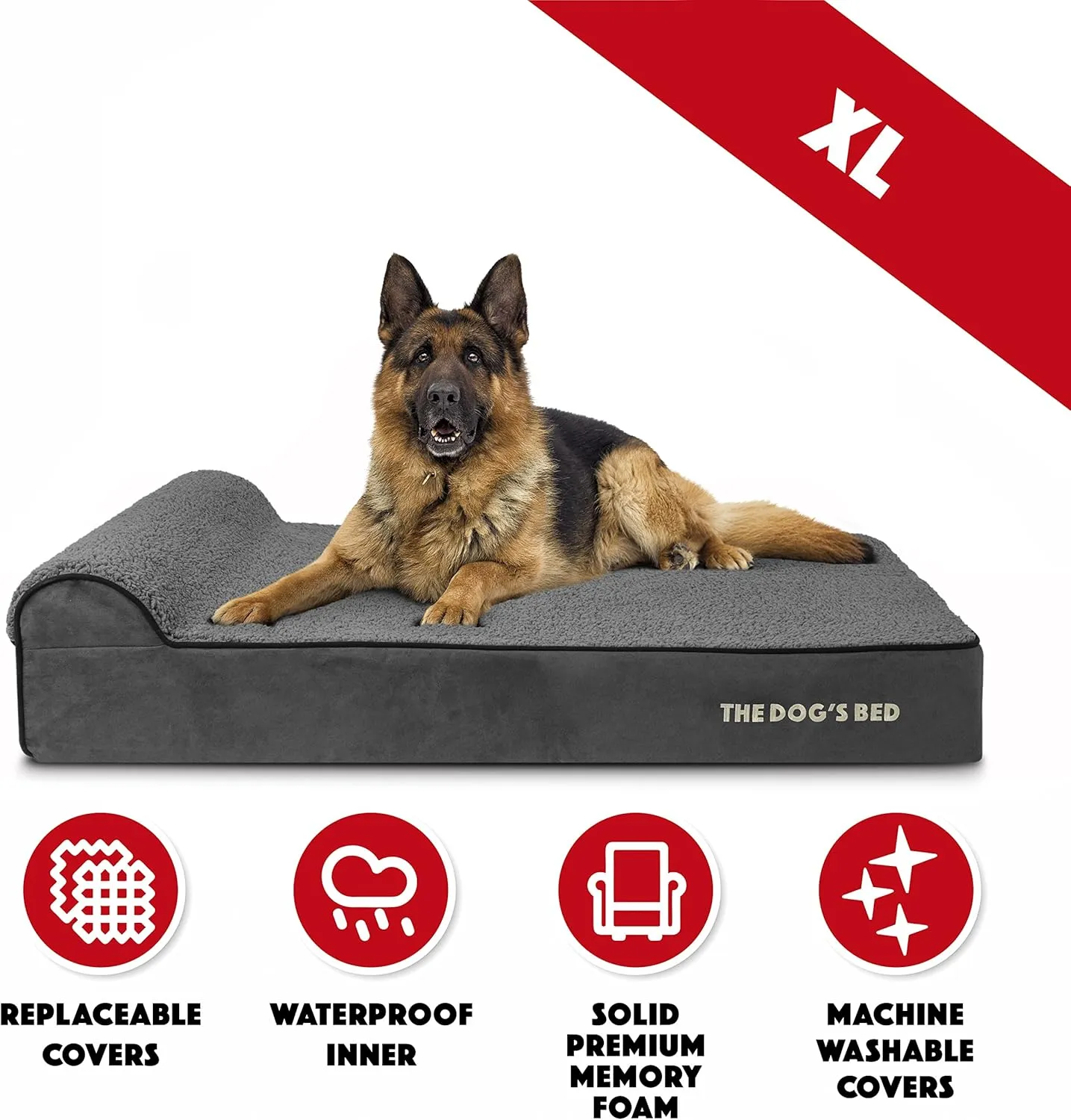 The Dogs Bed Orthopedic Headrest Dog Bed XL Grey Plush 46x28, Memory Foam, Pain Relief for Arthritis, Hip & Elbow Dysplasia, Post Surgery, Lameness, Veterinary Approved, Waterproof Washable Cover