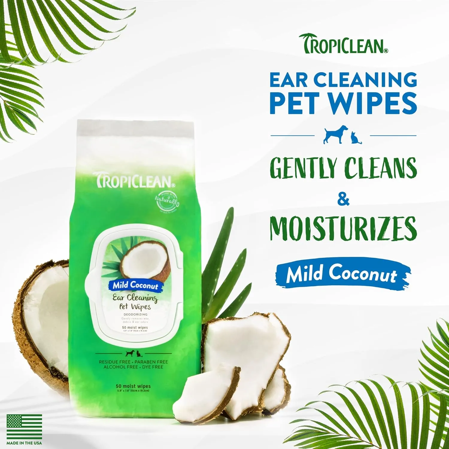 TropiClean Dog Ear Wipes, Dog Ear Cleaner, Soothing Itch Relief, Gently Removes Wax and Debris, Odor Eliminating, Safe for Daily Use, Cat Safe, 50ct.