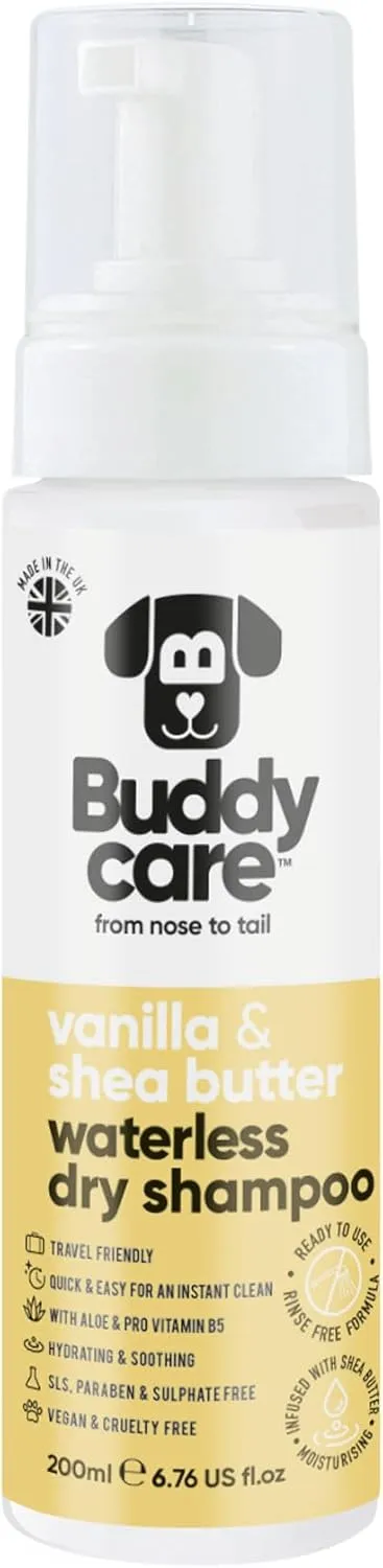 Vanilla & Shea Butter Waterless Dry Dog Shampoo by Buddycare | Deep Cleansing Shampoo for Dogs | Fresh Scented | with Aloe Vera and Pro Vitamin B5 (6.75 fl oz)