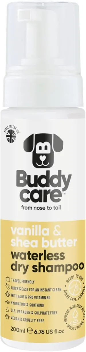 Vanilla & Shea Butter Waterless Dry Dog Shampoo by Buddycare | Deep Cleansing Shampoo for Dogs | Fresh Scented | with Aloe Vera and Pro Vitamin B5 (6.75 fl oz)