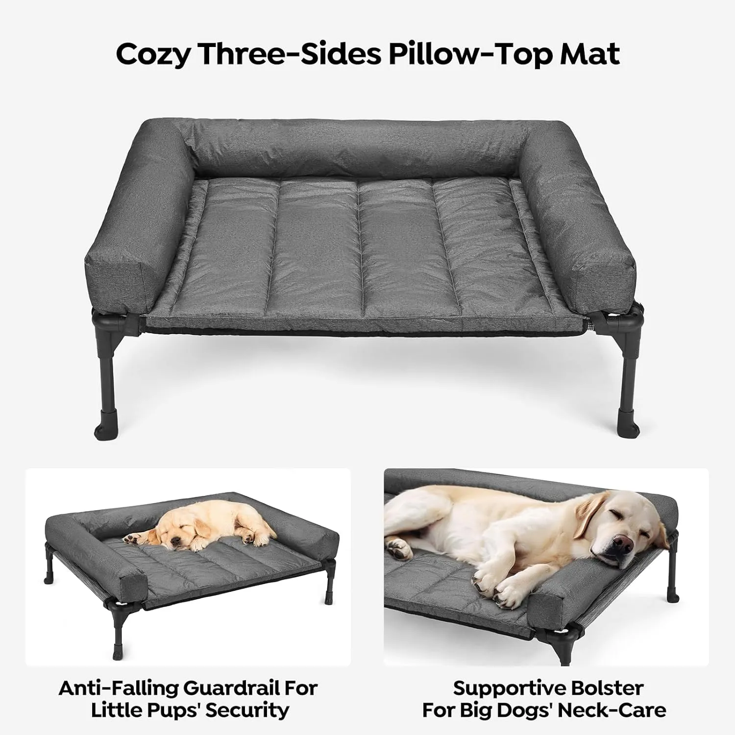 Veehoo Cooling Elevated Dog Bed Add Removable Waterproof Bolster Cushion Mat, Raised Pet Cot with Breathable Teslin Mesh, No-Slip Feet, Dog Sofa Bed for Indoor Outdoor, XLarge, Black Silver
