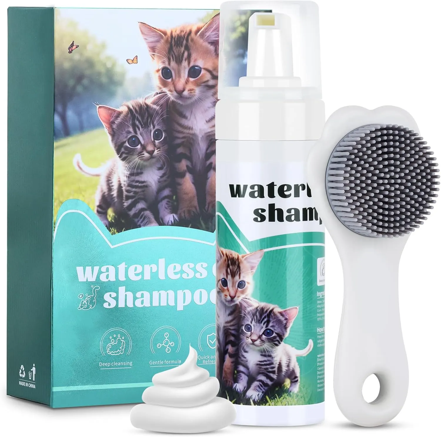 Waterless Cat Shampoo with Cat Brush, Cat Dry Shampoo, No Rinse Foam for Cat Bath